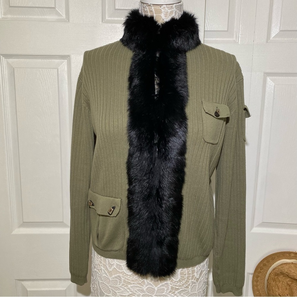 Jamie Sadock Navy Green Fur Collar Khaki Sweater Open Front and Sleeve Pockets L